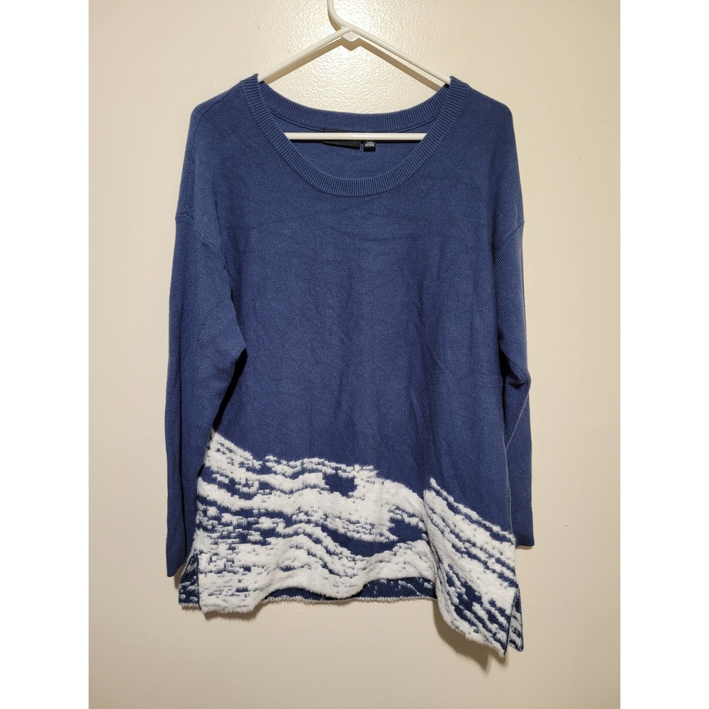 Nina‎ Leonard Sweater Women Large Blue White Wave Intarsia Knit